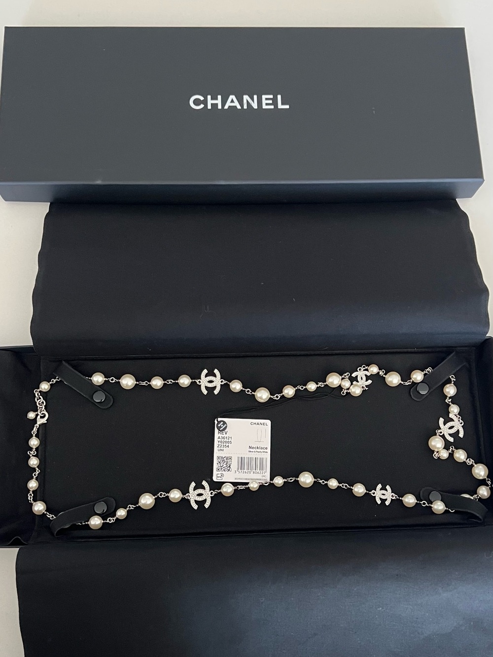 CHANEL Pearl and Silver CC Motif Long Necklace